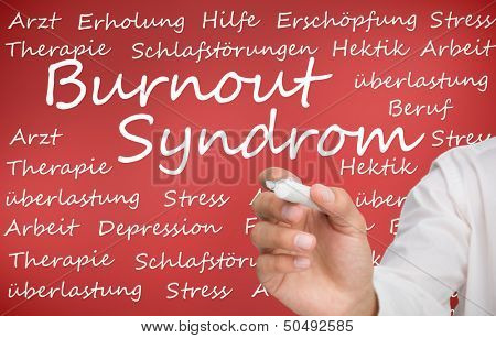 Hand writing different german words about burnout syndrome on red background