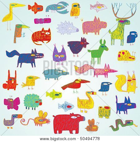 Funny Grunge Doodled Animals Collection In Pop-art Colors