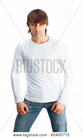 Cute Guy In White T-shirt Isolated On White Background
