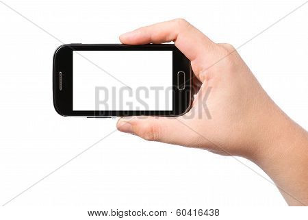 Hand Holding Smartphone With White Screen