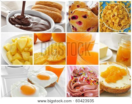 collage of different kinds of breakfast, such as toast, butter and jam, or fried eggs and orange juice