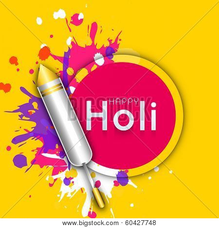 Indian festival Happy Holi celebrations concept with colour gun on splash background.