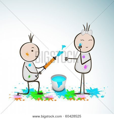 Indian festival Holi background with kiddish illustration of cute kids playing colours by colour gun (pichkari). 