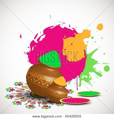 Indian festival Happy Holi celebrations concept with beautiful floral decorated traditional mud pots full of dry colours on splash background.