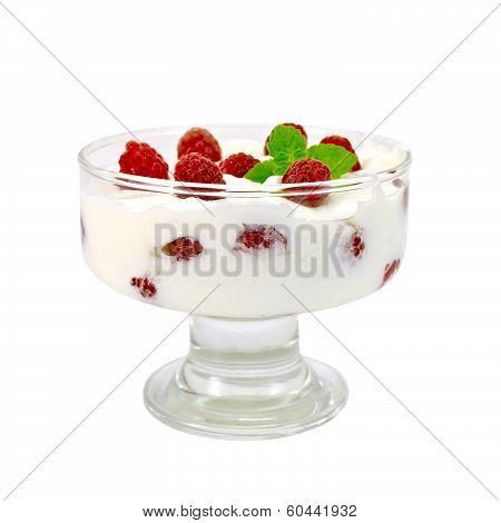 Yogurt Thick With Raspberries In Glass Bowl