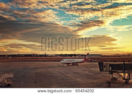 VALENCIA, SPAIN - JANUARY 14, 2014: Airplane taxiing to departure in Valencia airport -  8th busiest Spanish airport with flight connections to 15 European countries, situated 8 km from the city.