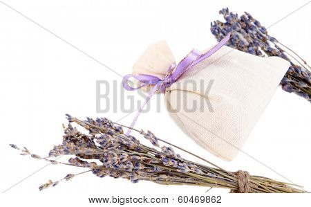 Textile sachet pouch with dried lavender flowers isolated on white
