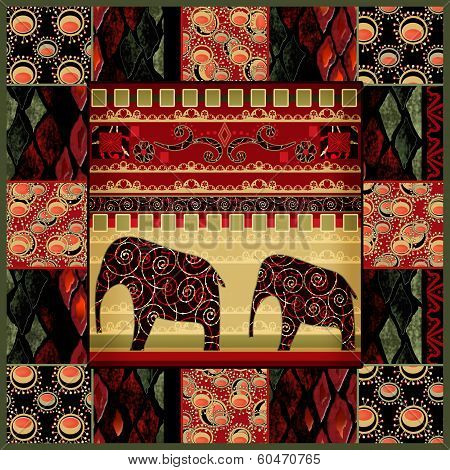 Patchwork Seamless Snake Skin Pattern With Elephans