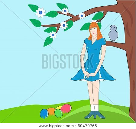 Girl Under The Tree With Easter Eggs