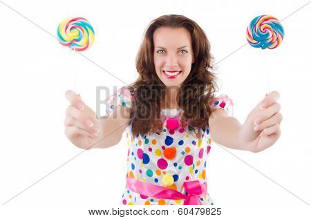 Woman with lollipops isolated on white