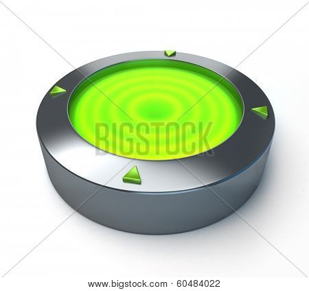 Metallic circular object with a green light