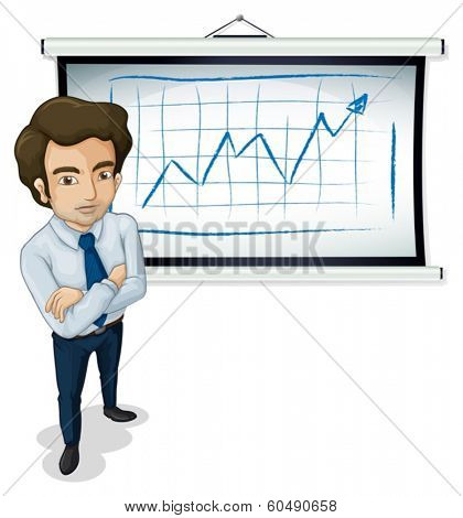 Illustration of a handsome businessman standing in front of the bulletin board on a white background