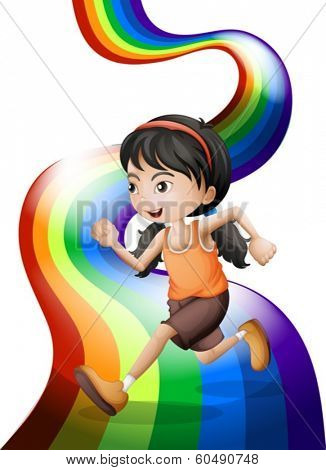 Illustration of a rainbow with a young woman running on a white background