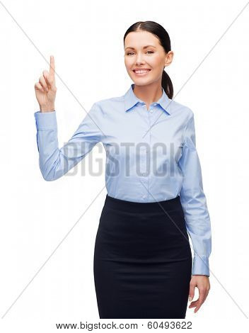 business and new technology concept - attractive young woman with her finger up