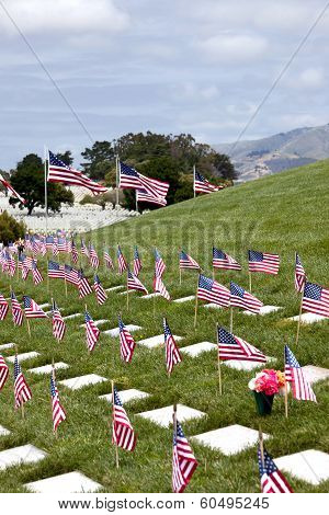 American Flags And Headstones At United States National Cemetery