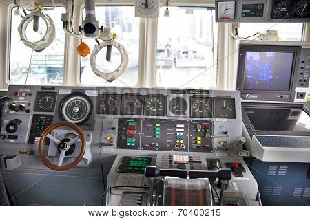 LONDON, UK - MAY 17, 2014 In side of Capitan cabin. German army military ships based in Canary Wharf