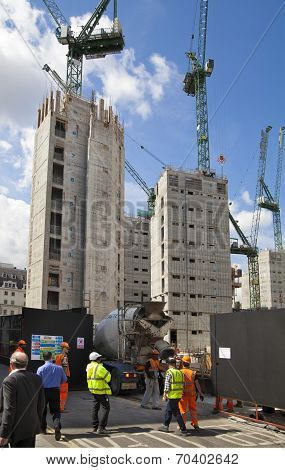 LONDON, UK - JUNE 30, 2014: New building site with cranes in Bank of England aria