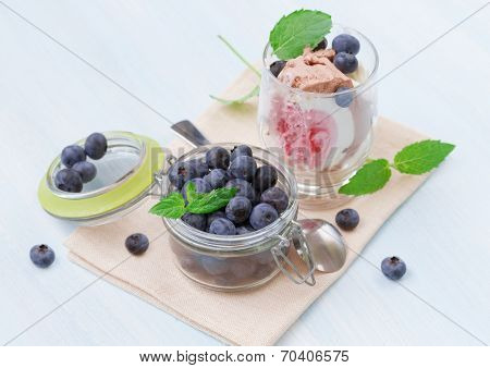 Fruit ice cream with ripe blueberries