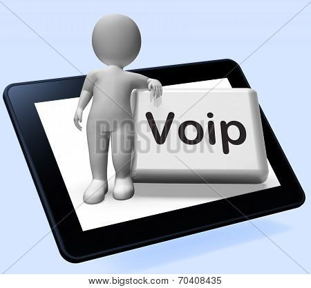 Voip Button Tablet With Character  Means Voice Over Internet Protocol