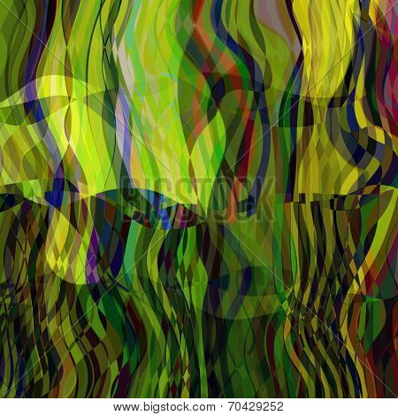 art abstract colorful chaotic waves pattern in Klimt style; background in green. yellow, olive and brown colors