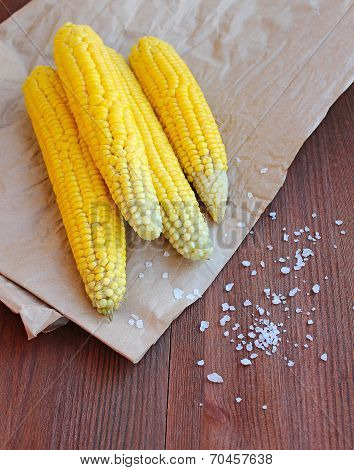 Boiled Corn With Sea Salt On The Parchment