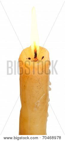 Burning Stearin Candle Close Up Isolated On White