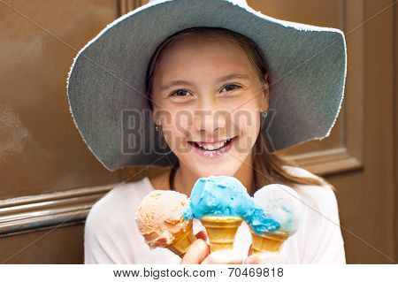 Sweet Colored Dream! Happy Smilin Girl With Many Ice-cream.