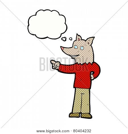 cartoon wolf man pointing with thought bubble
