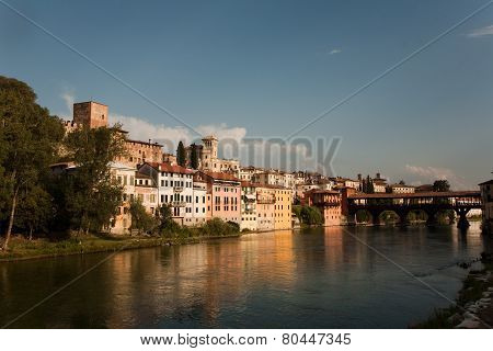 The Old Wooden Bridge Spans The River Brenta At The Romantic Village Basano Del Grappa