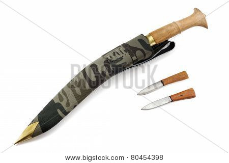Kukri Knife Diagonal With Wooden Scabbard Isolated