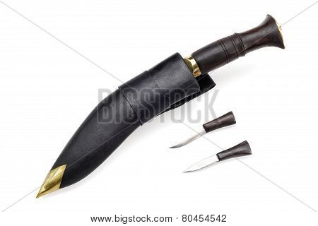 Kukri Knife Diagonal With Wooden Scabbard Isolated