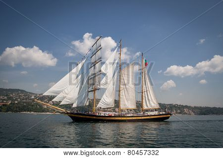 Old Ship With White Sales, Sailing In The Sea