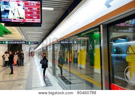 BEIJING, CHINA - APR 5: Beijing subway interior on April 5, 2013 in Beijing, China. Beijing subway system is the oldest in mainland China operated since 1969.
