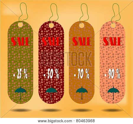 Three hanging tags with text Sale , tags made from dotted patterns