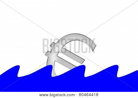 Euro Symbol is sinking into water with waves