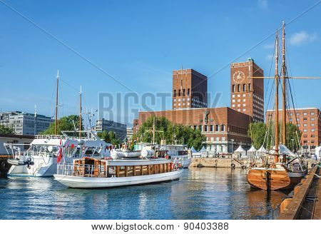 Oslo town hall from the sea, Oslo, Norway