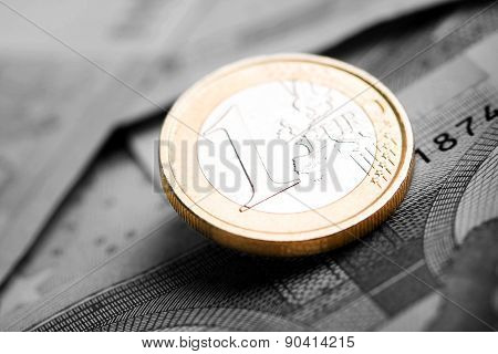 Closeup Of Euro Banknotes And Coins