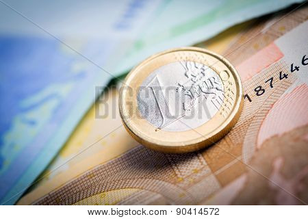 Closeup Of Euro Banknotes And Coins