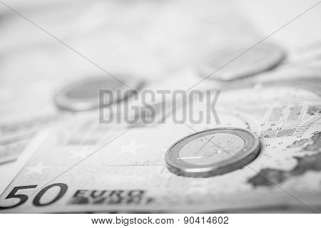 Closeup Of Euro Banknotes And Coins