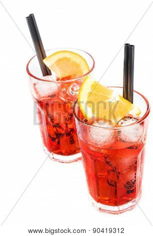 Top Of View Of Two Glasses Of Spritz Aperitif Aperol Cocktail With Orange Slices And Ice Cubes Isola