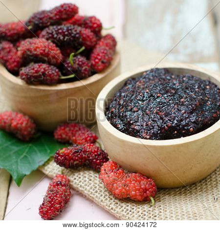 Home Made Mulberry Jam In Wooden Bowl And Some Fresh Fruits And