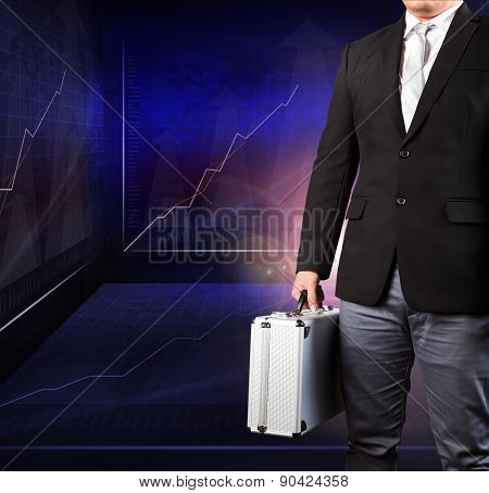 Business Man Holding Metal Strong Breifcase Standing Against Indicator Graphic In Meeting War Room U