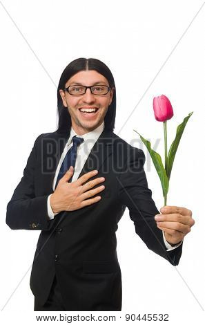 Handsome businessman with flower isolated on white