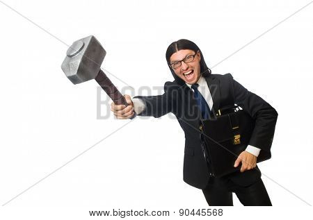 Handsome businessman holding hammer and case isolated on white