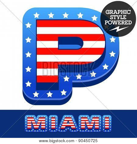 Vector set of american flag stripes and stars alphabet. Letter P