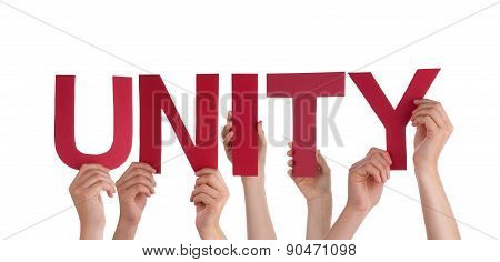 Many People Hands Holding Red Straight Word Unity