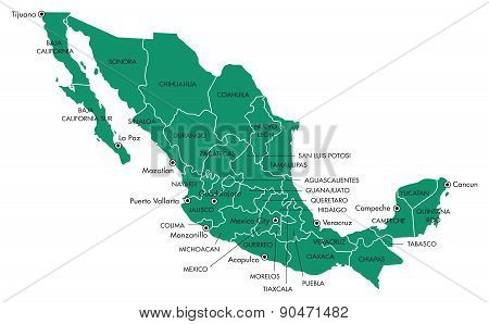 Map of Mexico with States and Cities