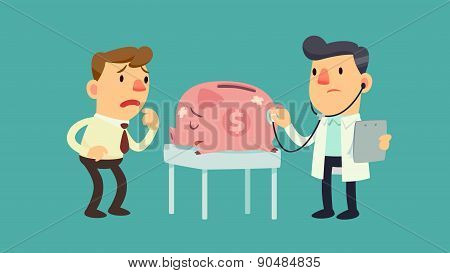 Businessman And Sick Piggy Bank