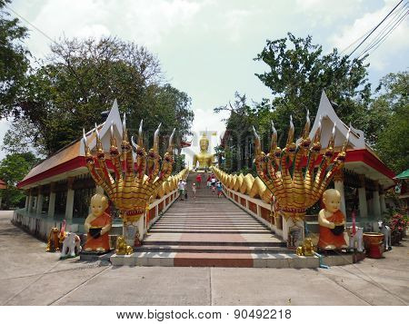 staircase with a dragon, leading up the hill to the temple