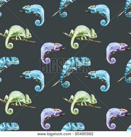 Watercolor vector pattern reptiles chameleon